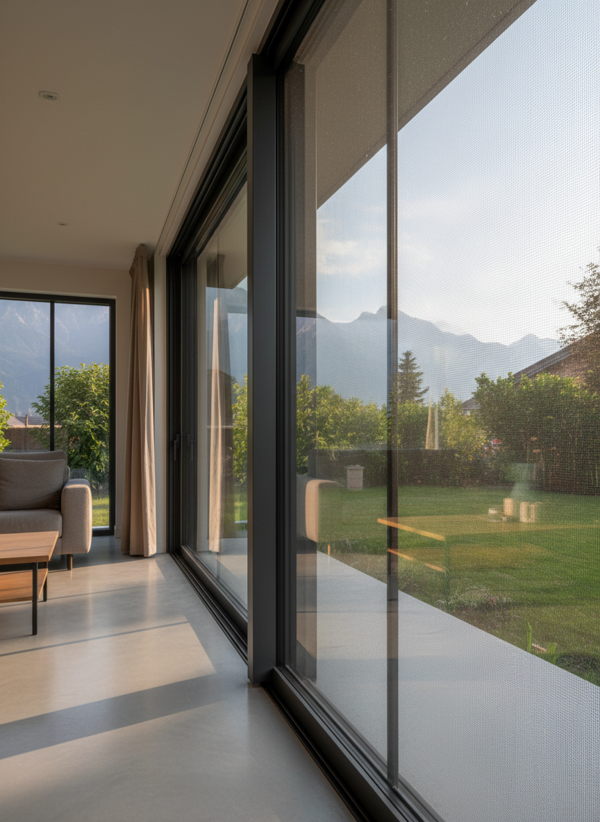 Une élégante baie vitrée d’une maison contemporaine équipée d’une moustiquaire coulissante sur mesure en aluminium anthracite, maille fine et tendue, parfaitement intégrée au dormant. La scène se situe dans un salon lumineux à Varces-Allières-et-Risset, avec vue légèrement floutée sur un jardin verdoyant et les reliefs alpins au loin. La douce lumière de fin d’après-midi entre par les vitres, créant des reflets subtils sur le cadre de la moustiquaire et des ombres nettes au sol. Prise de vue à hauteur d’œil, composition en légère contre-plongée pour montrer la hauteur de l’ouverture, style photographique réaliste, ambiance professionnelle, propre et rassurante, mettant en valeur la qualité de fabrication et la discrétion de l’installation.