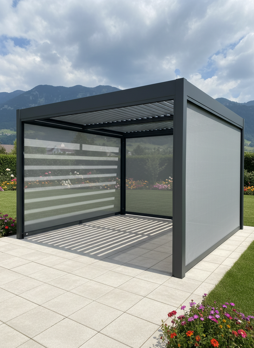 Une pergola bioclimatique adossée en aluminium gris anthracite, lames orientables partiellement ouvertes, équipée sur deux côtés de stores ZIP verticaux sur mesure, toile technique gris perle parfaitement tendue dans les coulisses. La scène se déroule dans un jardin paysagé, avec pelouse entretenue et quelques massifs fleuris, montagne en arrière-plan évoquant l’Isère. La lumière est un soleil d’été légèrement filtré, formant des lignes d’ombre géométriques sur le sol en dalles claires. Prise de vue grand-angle, à hauteur d’œil, cadrage mettant en avant le volume de la structure et le tombé impeccable des stores. Style photographique contemporain, net et détaillé, atmosphère haut de gamme, maîtrisée et confortable.