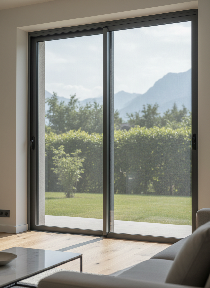 Une élégante baie vitrée d’une maison contemporaine équipée d’une moustiquaire coulissante sur mesure en aluminium anthracite, maille fine et tendue, parfaitement intégrée au dormant. La scène se situe dans un salon lumineux à Varces-Allières-et-Risset, avec vue légèrement floutée sur un jardin verdoyant et les reliefs alpins au loin. La douce lumière de fin d’après-midi entre par les vitres, créant des reflets subtils sur le cadre de la moustiquaire et des ombres nettes au sol. Prise de vue à hauteur d’œil, composition en légère contre-plongée pour montrer la hauteur de l’ouverture, style photographique réaliste, ambiance professionnelle, propre et rassurante, mettant en valeur la qualité de fabrication et la discrétion de l’installation.