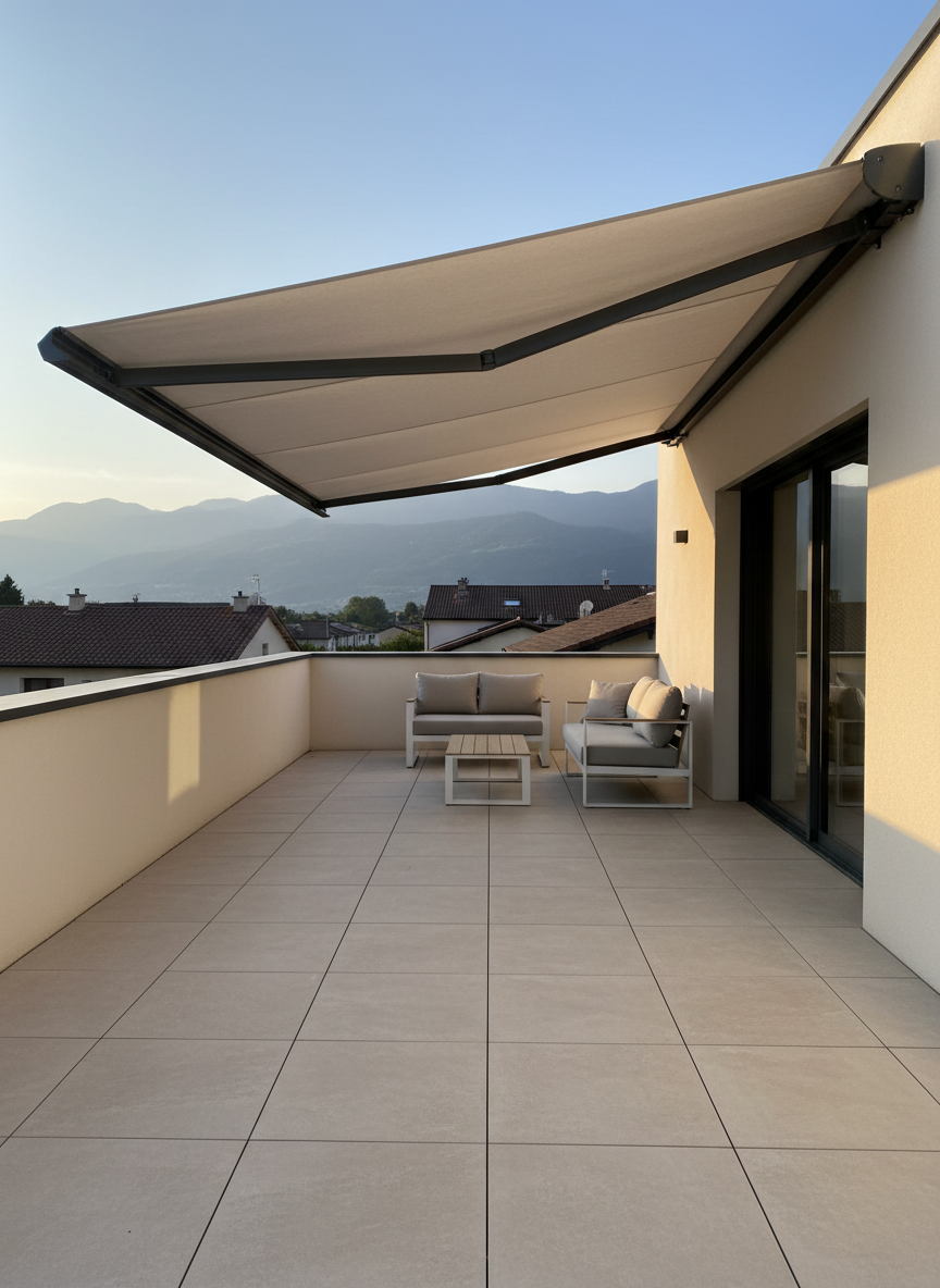 Une terrasse carrelée attenante à une maison récente, protégée par un store banne motorisé de grande largeur, toile beige chinée et armature anthracite, parfaitement tendue. Sous le store, un salon de jardin sans présence humaine, avec coussins neutres et table basse épurée. La lumière de fin de journée crée une bande d’ombre franche sous la toile et un halo doré sur le bord extérieur du store. À l’arrière-plan, on distingue les toits d’un lotissement de Varces-Allières-et-Risset et un massif montagneux, le tout légèrement flou. Prise de vue en légère plongée depuis un angle, composition en diagonale suivant la ligne du store, rendu photographique très réaliste, ambiance conviviale mais professionnelle, mettant en avant le confort thermique et la protection solaire.