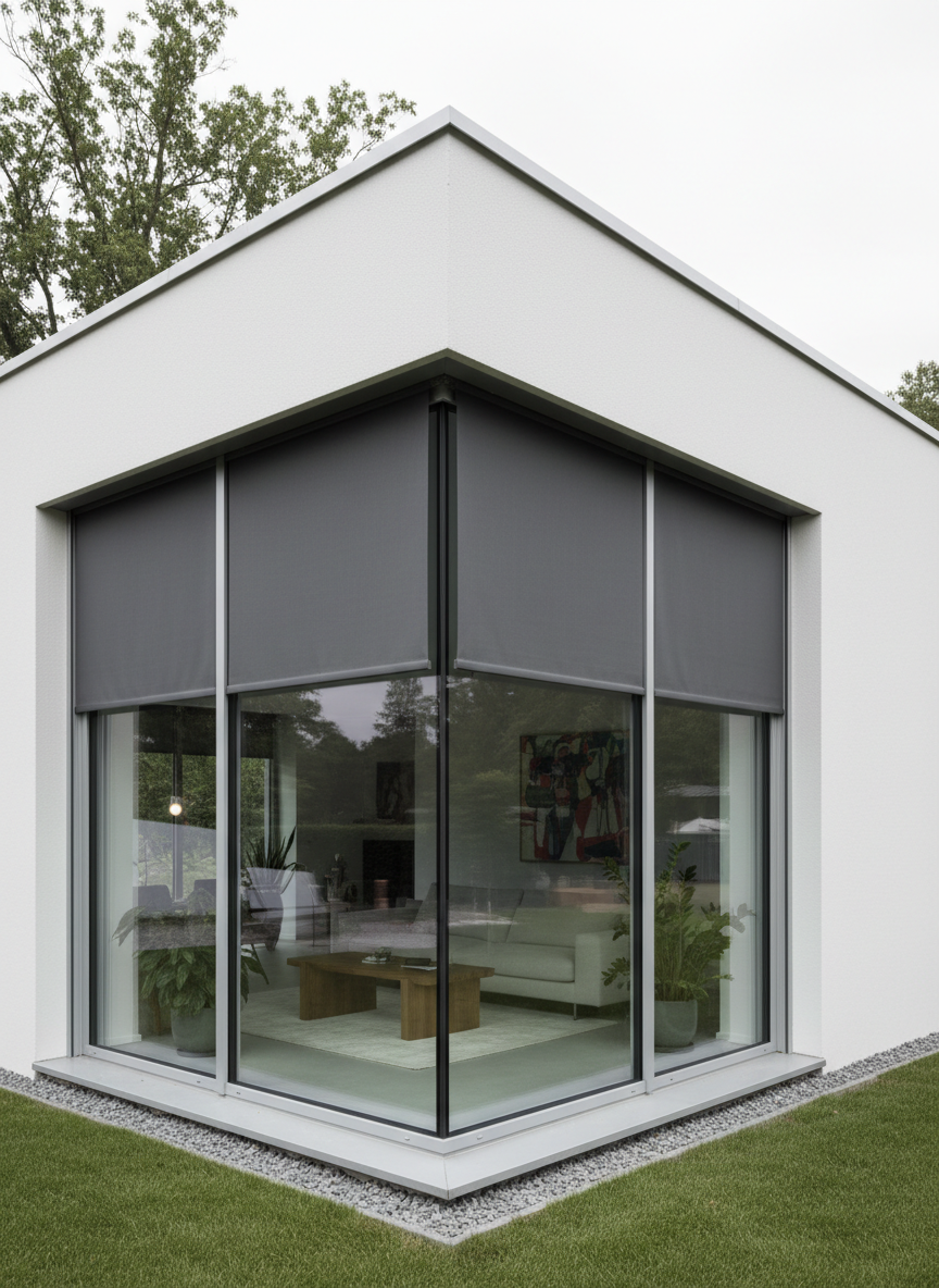 Une grande baie d’angle au rez-de-chaussée d’une maison d’architecte est équipée de stores rideaux extérieurs sur mesure, toile screen gris foncé descendant devant le vitrage. Les stores sont partiellement abaissés, laissant voir l’intérieur design de la pièce sans présence humaine. Le bâtiment présente une façade blanche lisse avec encadrements aluminium, rappelant une construction récente en périphérie de Grenoble, type Varces-Allières-et-Risset. La lumière est celle d’un ciel légèrement voilé, offrant une illumination douce et homogène, sans ombres dures, qui met en valeur la texture de la toile et la pureté des lignes. Prise de vue en angle, composition suivant la règle des tiers, style photographique sobre et architectural, ambiance sereine, isolante et très professionnelle.